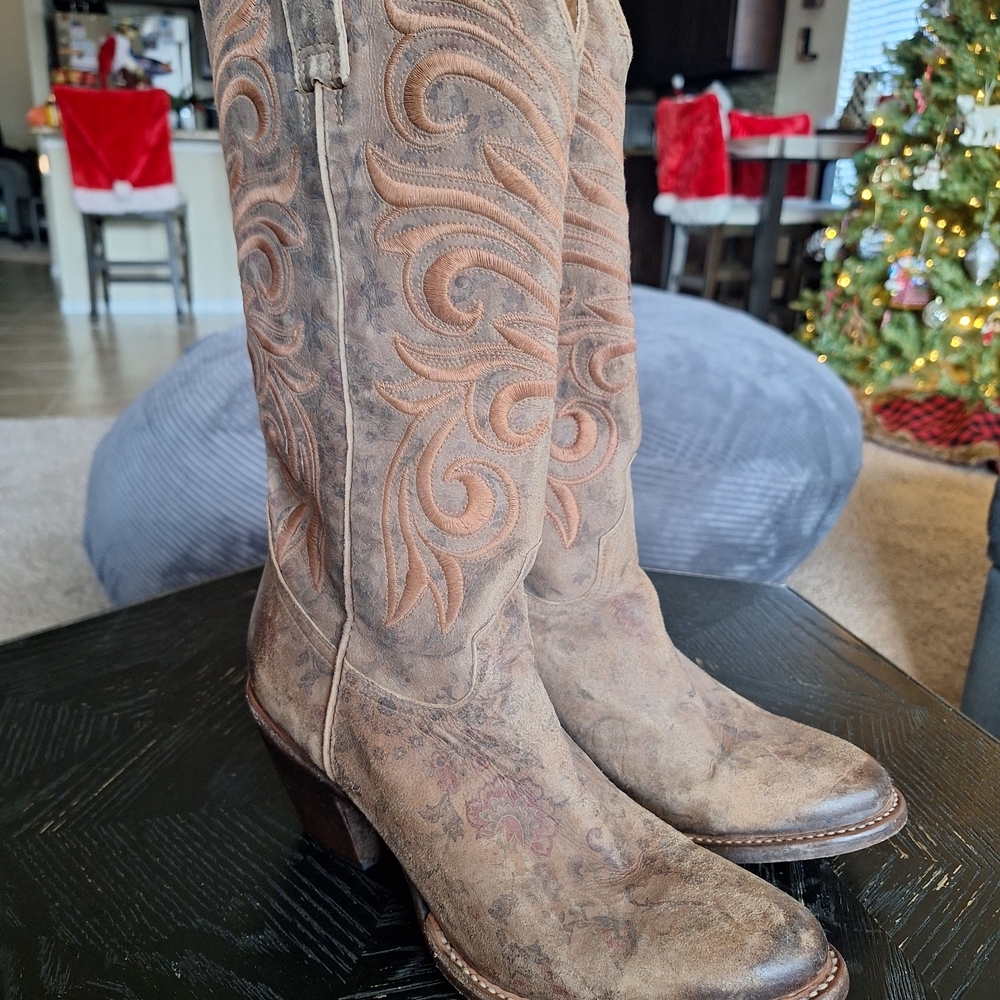 Lucchese Tan Embroidered Heeled Boots